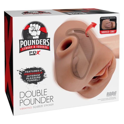 PDX Plus Double Pounder Vibrating Squeeze Stroker-Brown